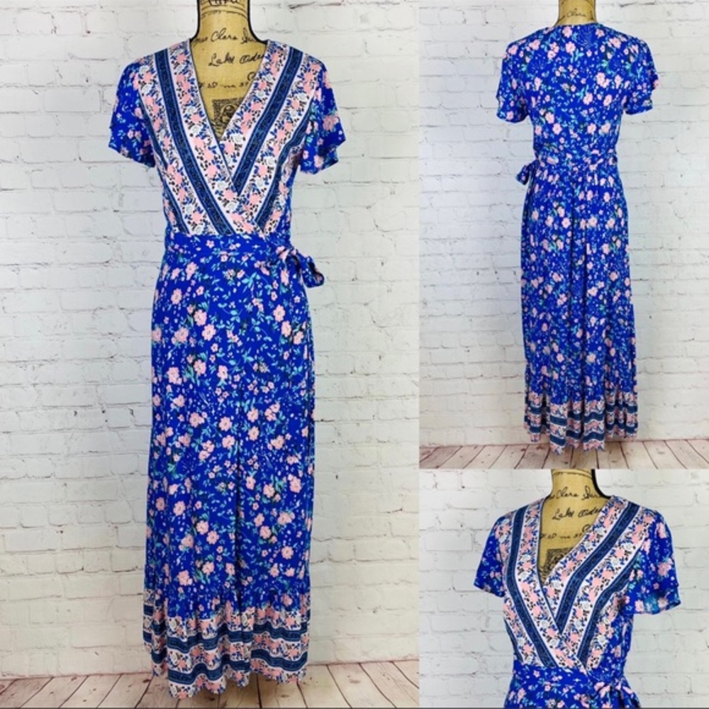 Zesica Boho Blue Floral Cross Front Wrap Maxi
